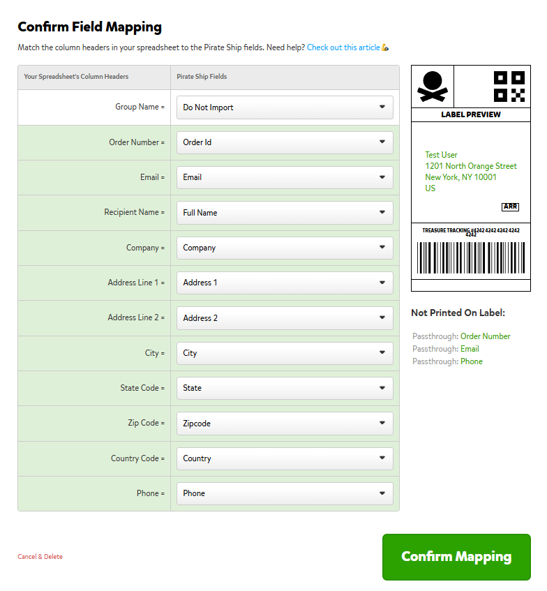 pirateship label comfirm mapping